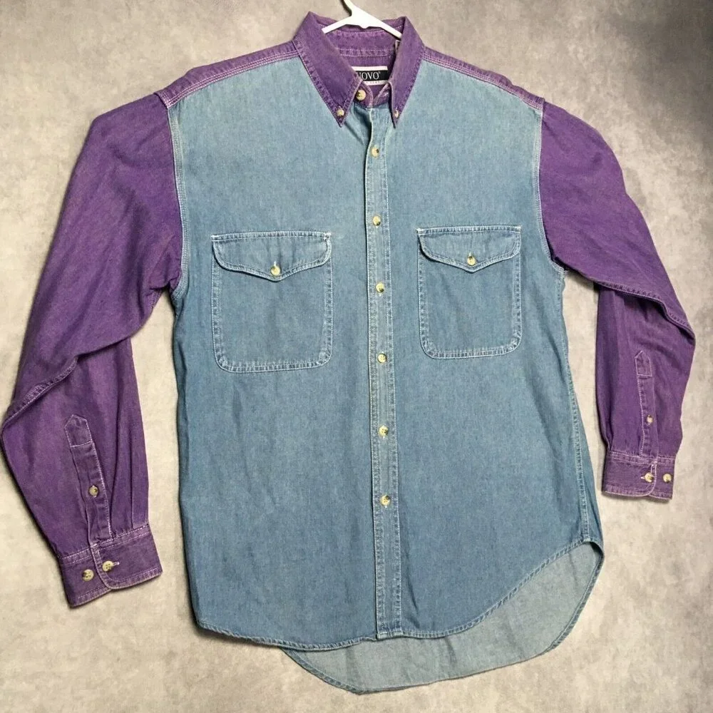 Vintage Nuovo County Seat Chambray Shirt size Medium Long Sleeve Purple Button - Picture 1 of 14